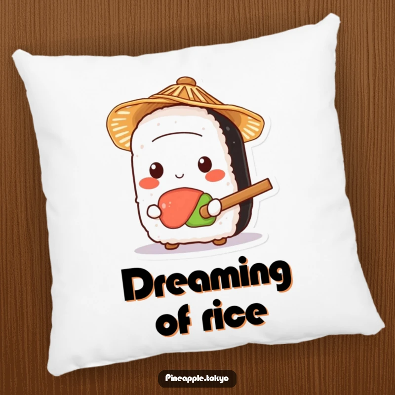 Funny adorable sushi wearing a mini straw hat, holding a tiny rice paddle, on a soft decorative humor pillow.