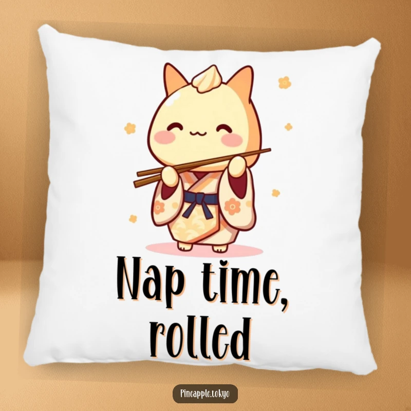 Funny Tamagoyaki Kimono Pillow: a cute Japanese rolled omelet character in a kimono playfully balancing chopsticks, looking soft and huggable.