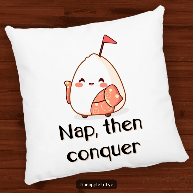 Funny bouncy onigiri wearing a festive kimono, waving a small flag, a soft funny pillow.