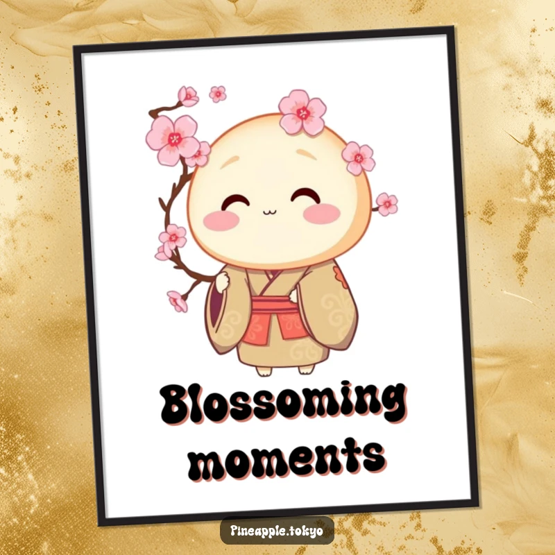 Funny round dorayaki in a ceremonial kimono offering a blooming cherry blossom, as downloadable funny art.