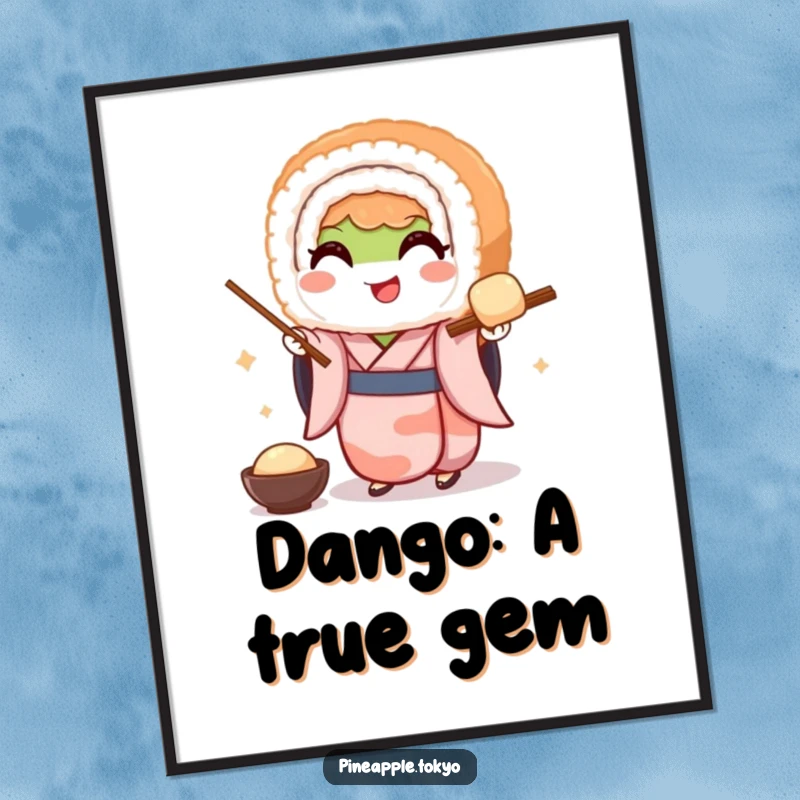 Funny digital art print of a smiling sushi roll in a tiny kimono gracefully serving dango, adding instant Japanese charm.