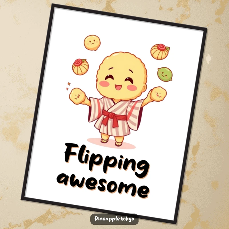 Funny cheerful tempura in a striped kimono juggling colorful dumplings, as downloadable funny art.