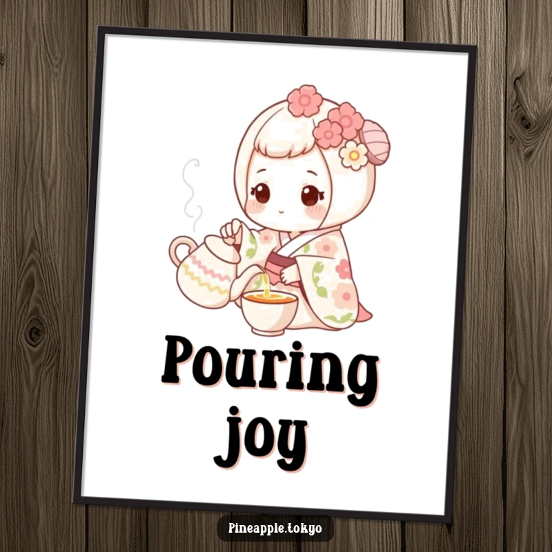 Funny sweet mochi in a floral kimono pouring tea, as downloadable funny art.