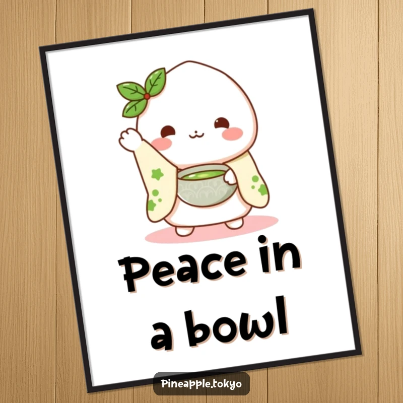 Funny Mochi Matcha Digital Art Print: a cute mochi character in a kimono sleeve waving hello while presenting a matcha bowl, printable art.