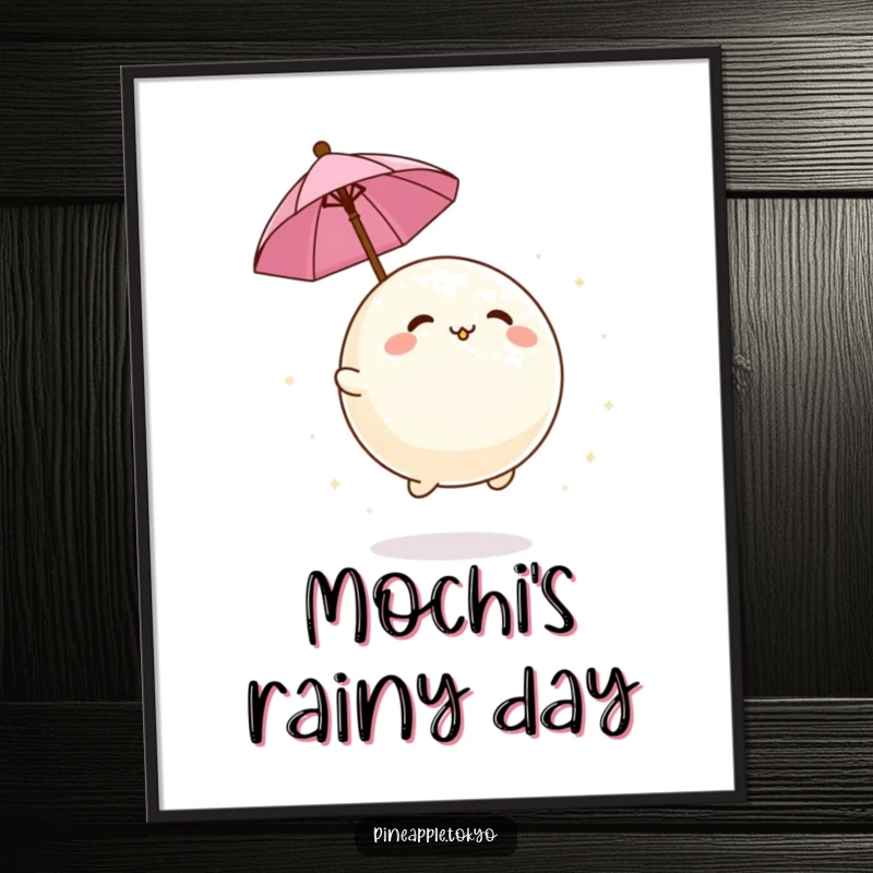 Funny adorable mochi ball bouncing playfully with a tiny umbrella as a downloadable humorous digital art print.