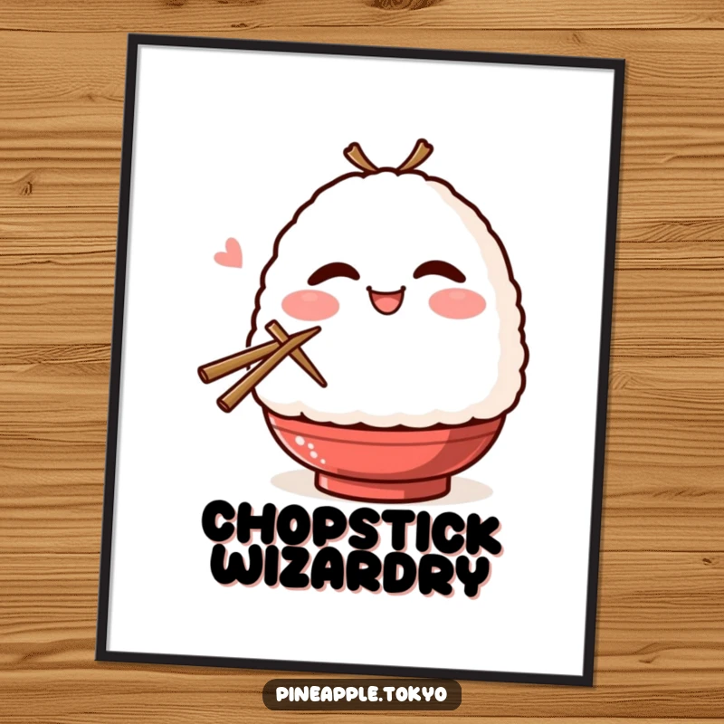 Funny onigiri character with blush, winking, and holding chopsticks as a downloadable humorous digital art print.