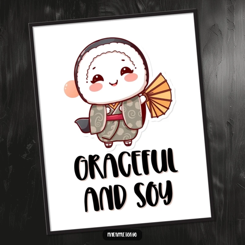 Funny sushi roll in a patterned kimono bowing gracefully with a fan, as downloadable funny art.