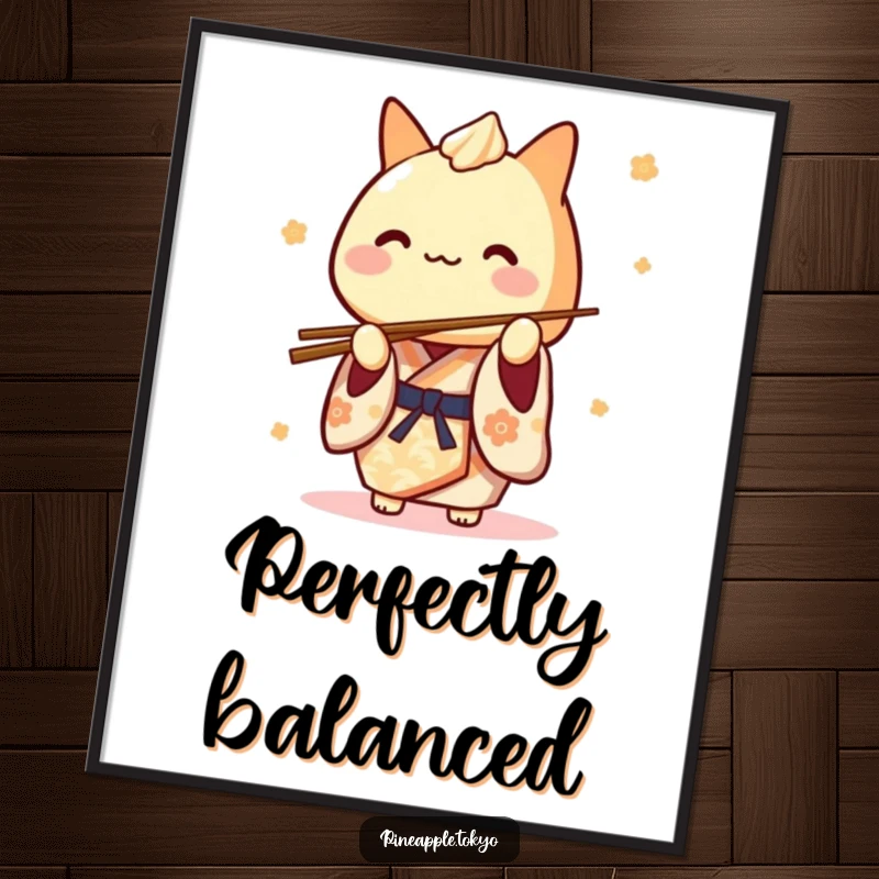 Funny Tamagoyaki Kimono Digital Art Print: a cute Japanese rolled omelet character in a kimono playfully balancing chopsticks, printable wall art.