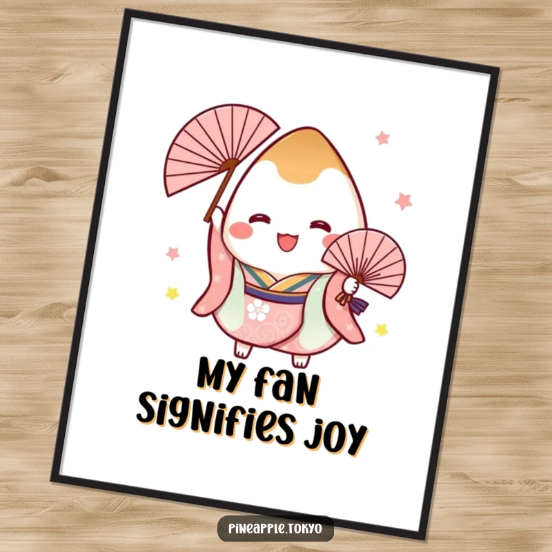 Funny digital art print of a cheerful onigiri in a festive kimono joyfully holding a fan, bringing instant Japanese festive charm.