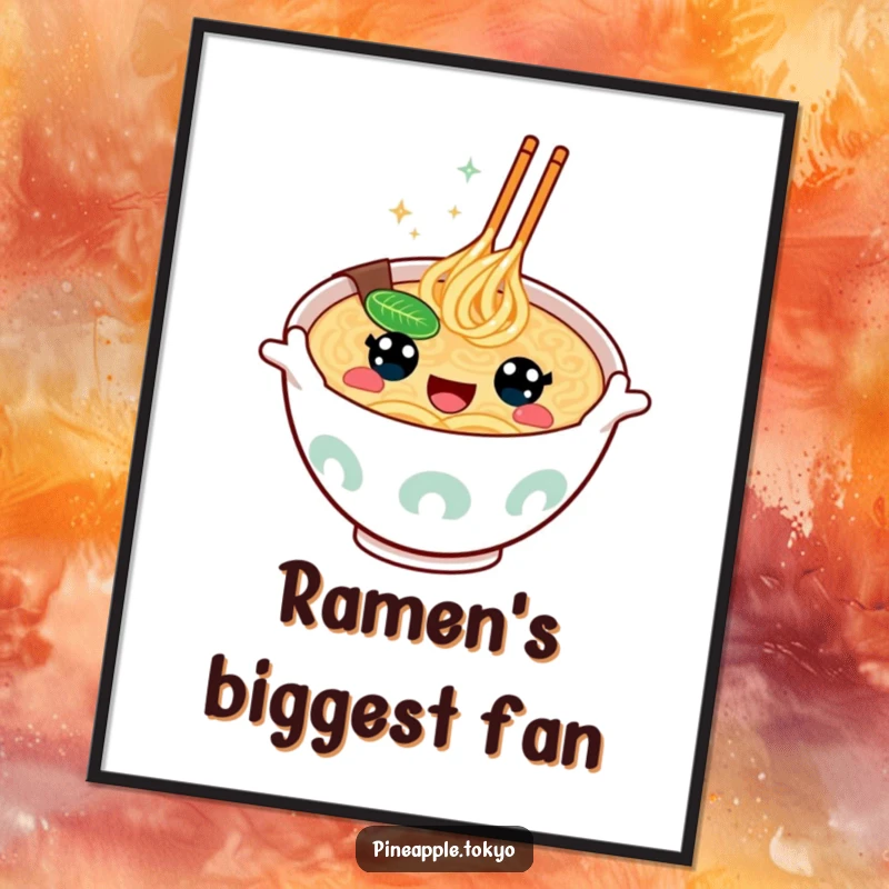 Funny happy-eyed ramen bowl gesturing enthusiastically as a downloadable humorous digital art print. Foodie decor.
