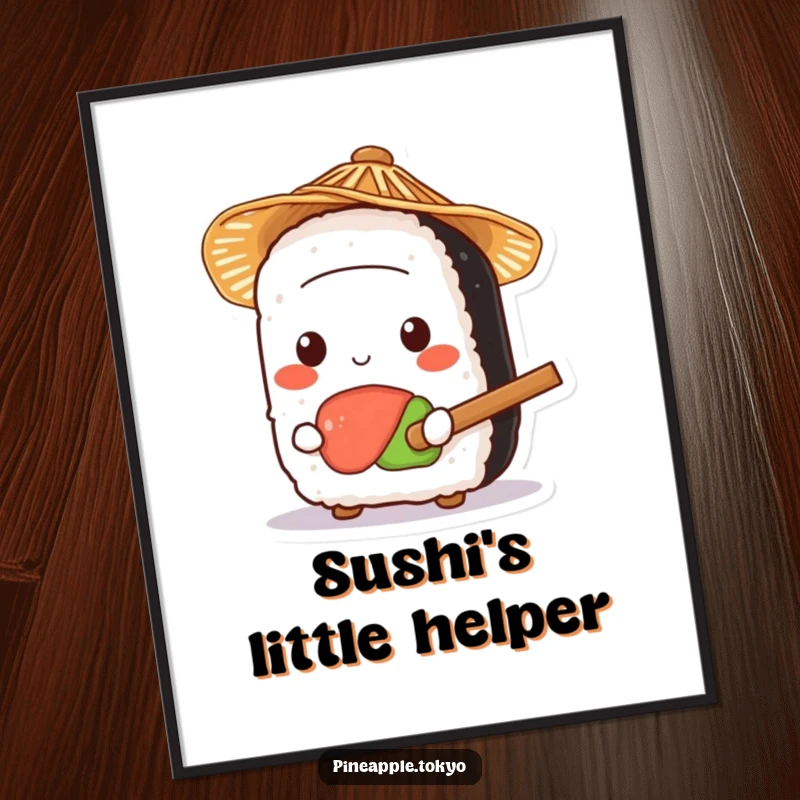 Funny cute sushi wearing a small straw hat, holding a tiny rice paddle, as a downloadable humorous digital art print.