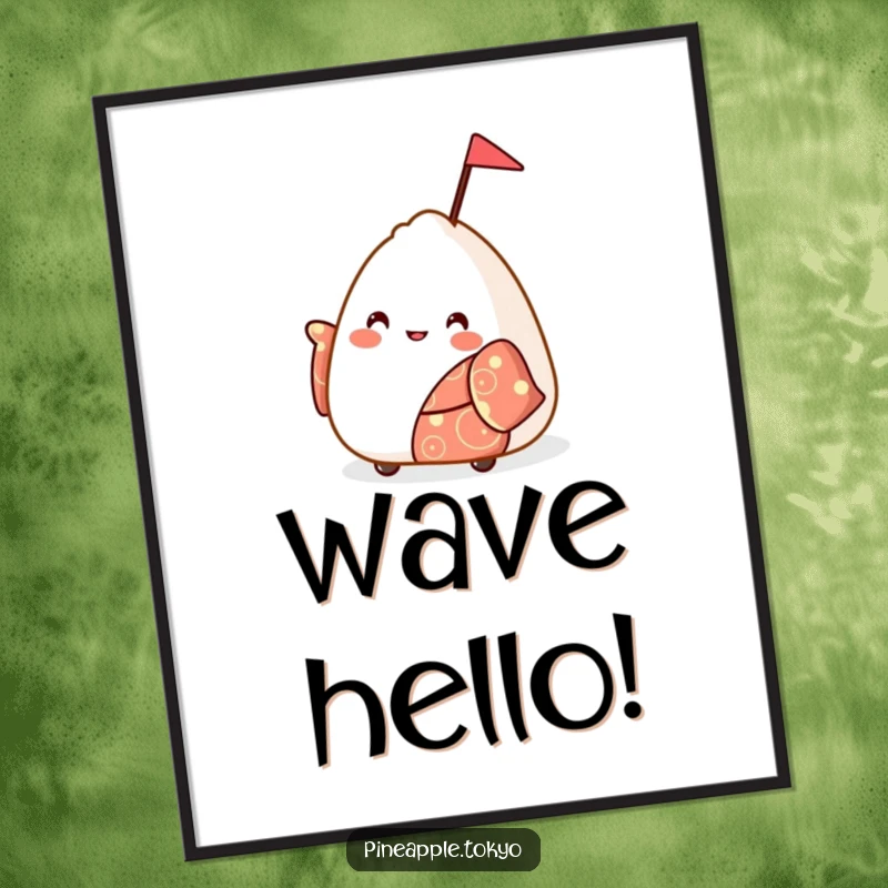 Funny bouncy onigiri in a festive kimono waving a small flag, as instant funny art.