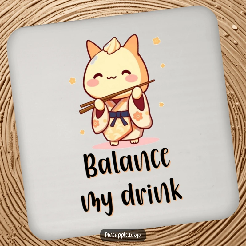 Funny Tamagoyaki Kimono Coaster: a cute Japanese rolled omelet character in a kimono playfully balancing chopsticks, holding a drink.