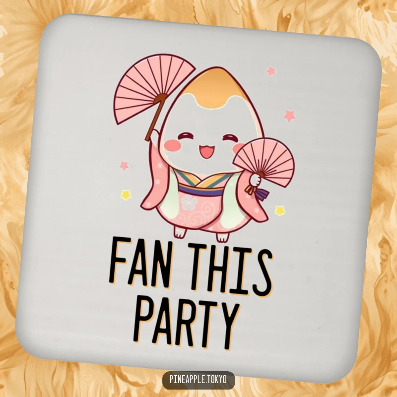 Funny drink coaster showing a cheerful onigiri in a festive kimono holding a fan, protecting surfaces with Japanese-themed humor.
