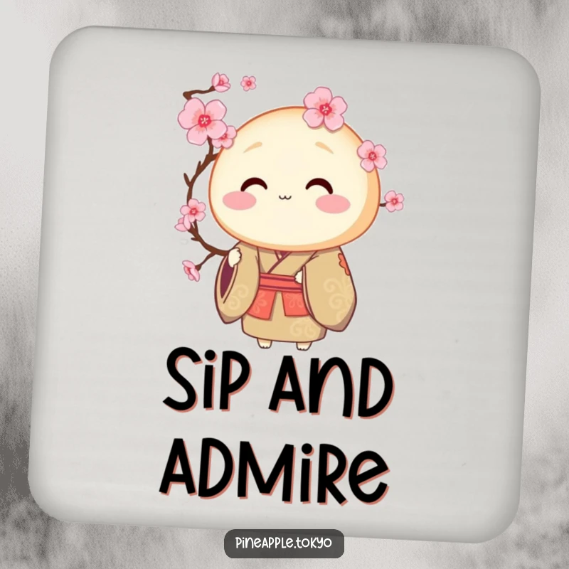 Funny round dorayaki in a ceremonial kimono offering a blooming cherry blossom, an elegant funny coaster.