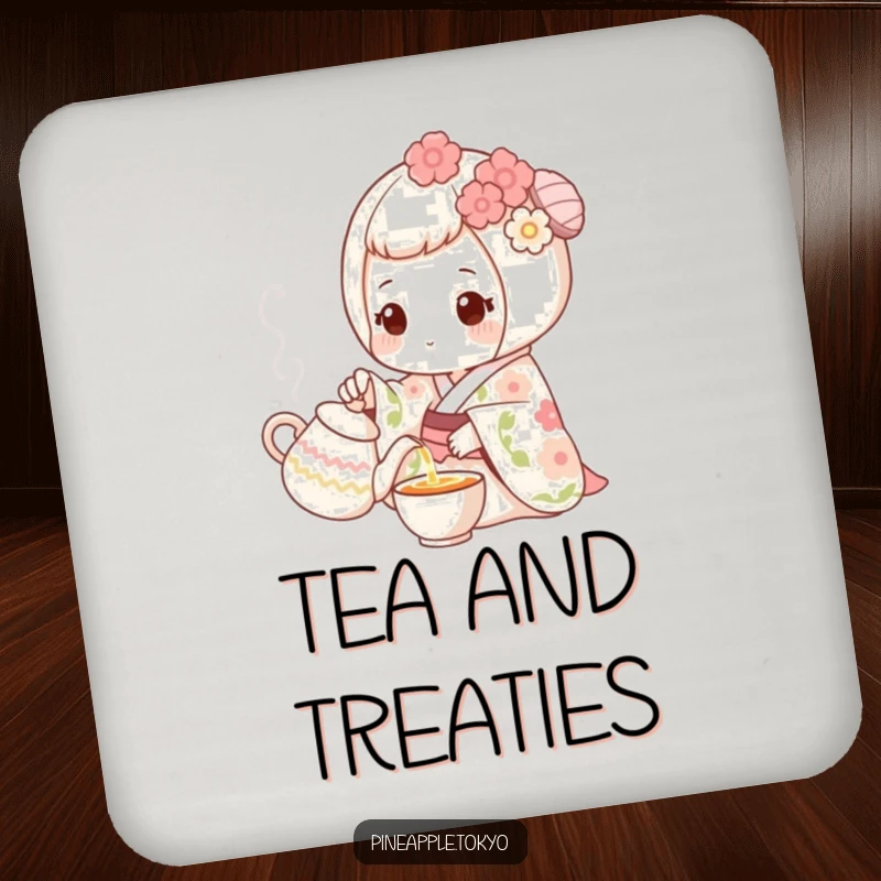 Funny sweet mochi in a floral kimono pouring tea from a tiny pot, an elegant funny coaster.