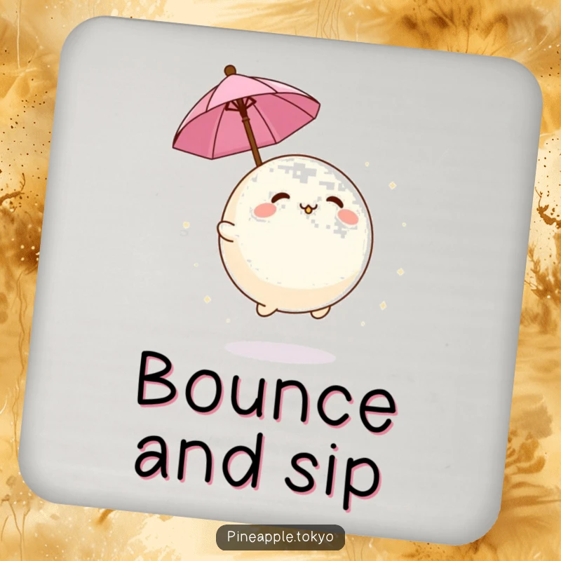 Funny adorable mochi ball bouncing playfully with a tiny umbrella on a humorous and decorative drink coaster.