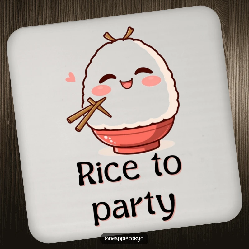 Funny smiling onigiri with blush, winking, and holding chopsticks on a humorous and decorative drink coaster.