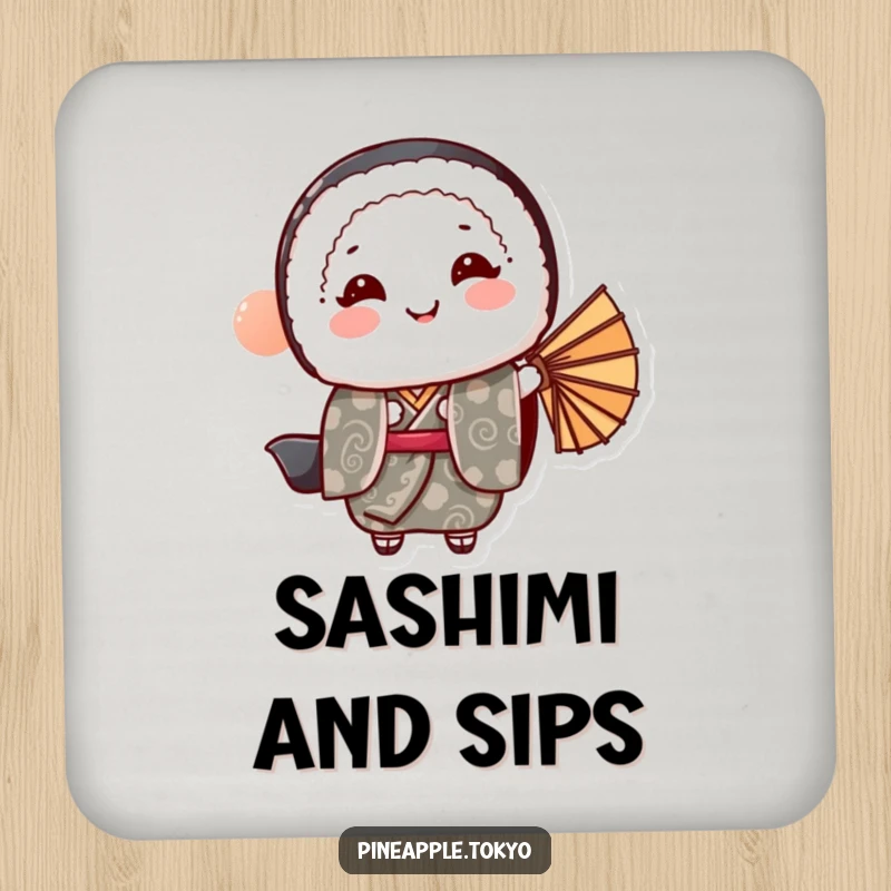 Funny sushi roll in a patterned kimono bowing gracefully with a fan, a stylish funny coaster.