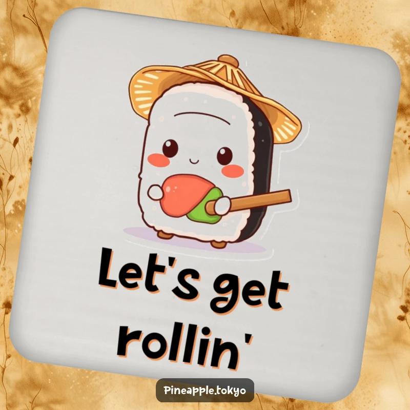 Funny kawaii sushi in a small straw hat, holding a tiny rice paddle, on a humorous and decorative drink coaster.