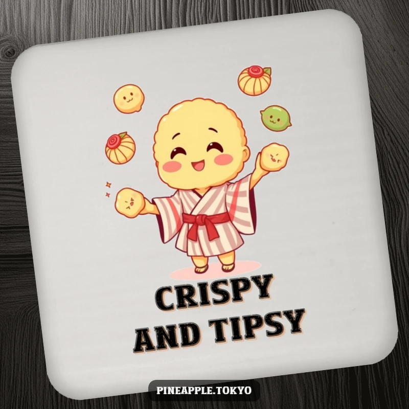 Funny cheerful tempura in a striped kimono juggling colorful dumplings, a fun funny coaster.
