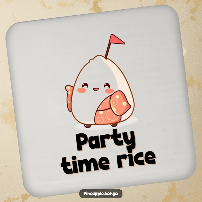 Funny bouncy onigiri in a festive kimono waving a small flag, a cheerful funny coaster.
