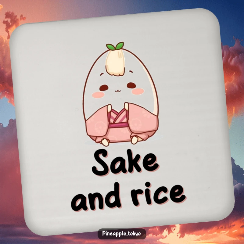Funny Onigiri Kimono Coaster: Chubby Japanese rice ball in a small kimono, bowing politely, protecting surfaces, funny gift.