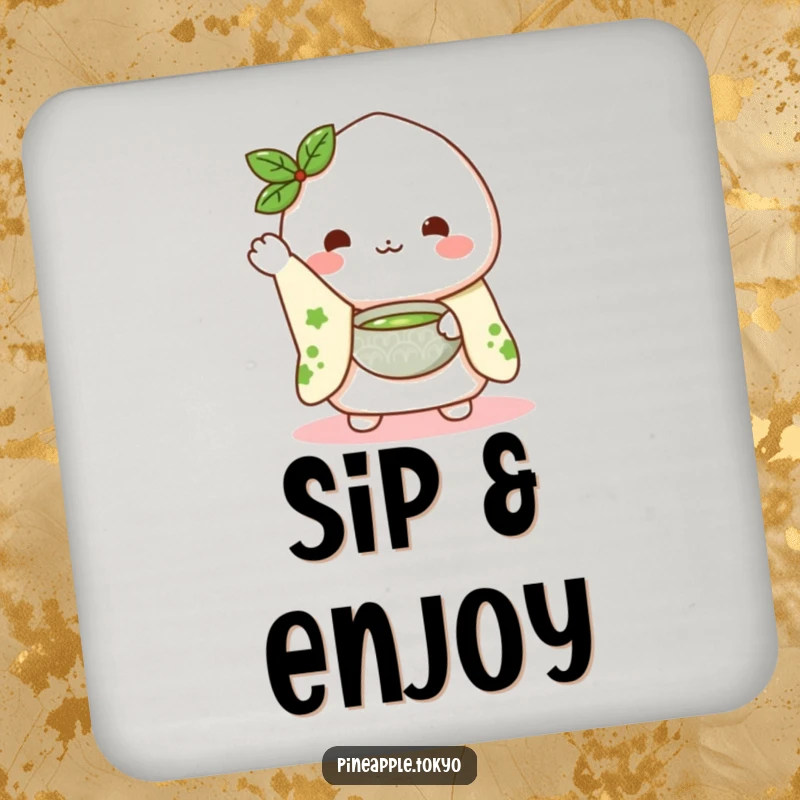 Funny Mochi Kimono Coaster: a cute mochi character in a kimono sleeve waving hello while presenting a matcha bowl, protecting a table.