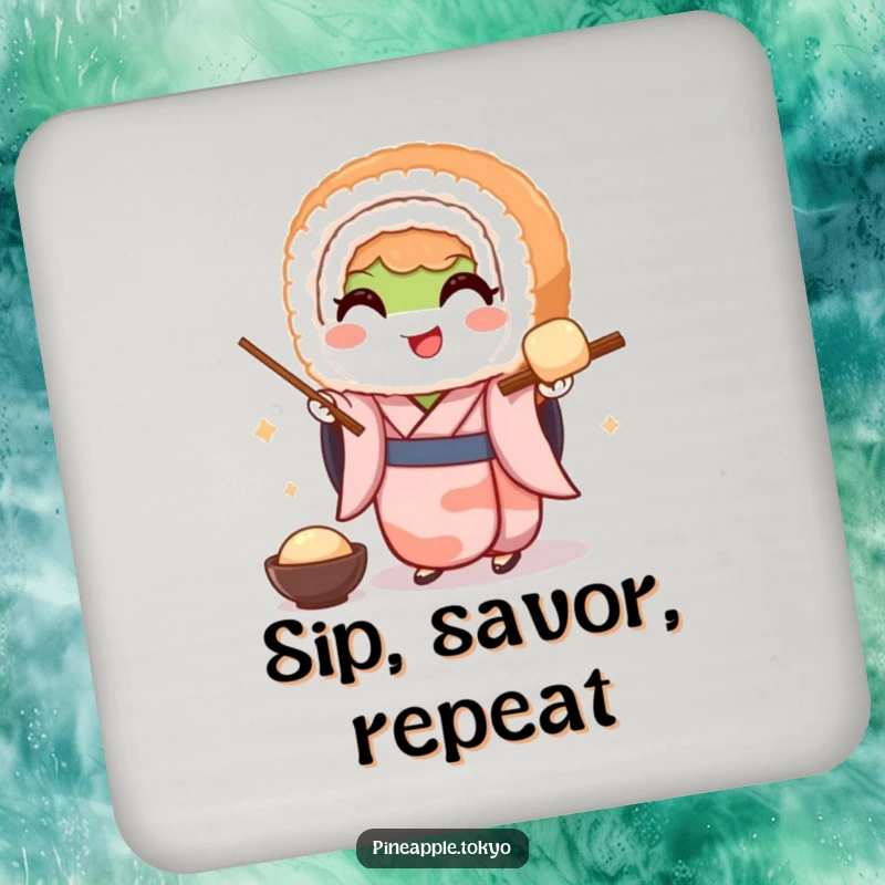 Funny drink coaster showing a smiling sushi roll in a kimono gracefully serving dango, protecting surfaces with Japanese-themed humor.