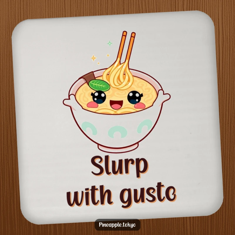 Funny kawaii ramen bowl with happy eyes, gesturing enthusiastically, on a humorous and decorative drink coaster.