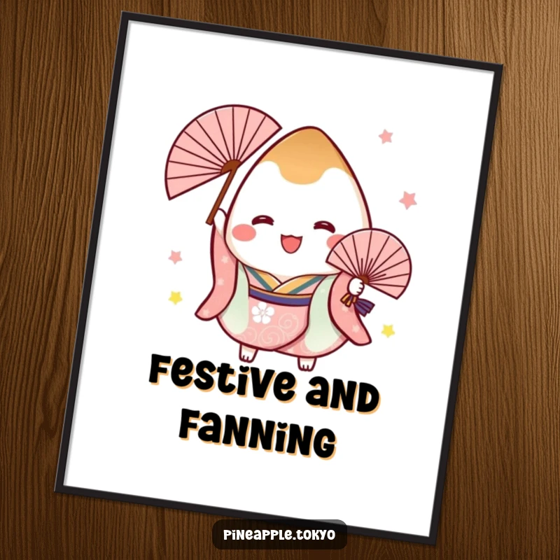 Funny Japanese art poster of a cheerful onigiri in a festive kimono holding a fan, bringing joyful vibes to any room.