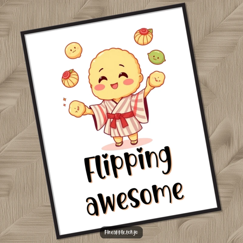 Funny cheerful tempura in a striped kimono juggling colorful dumplings, a lively funny poster.