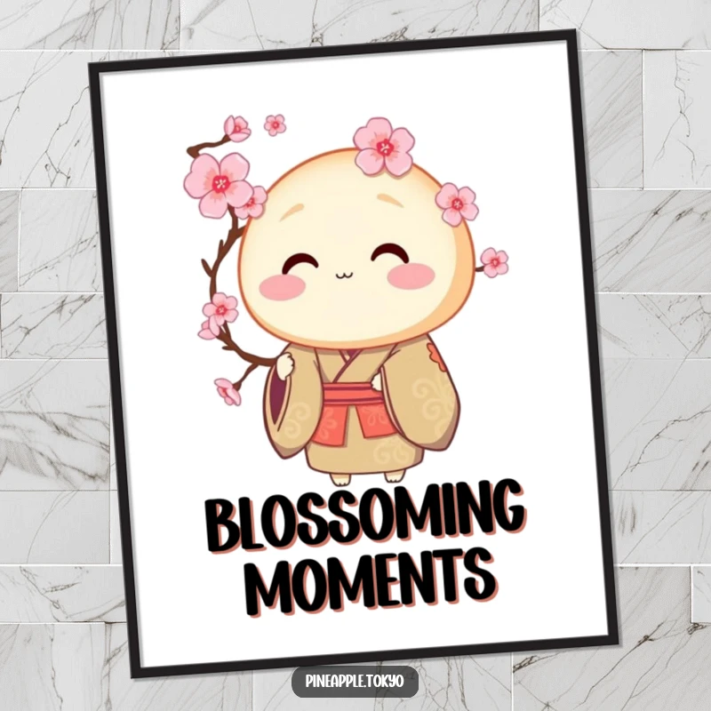 Funny round dorayaki in a ceremonial kimono offering a blooming cherry blossom, a serene funny poster.