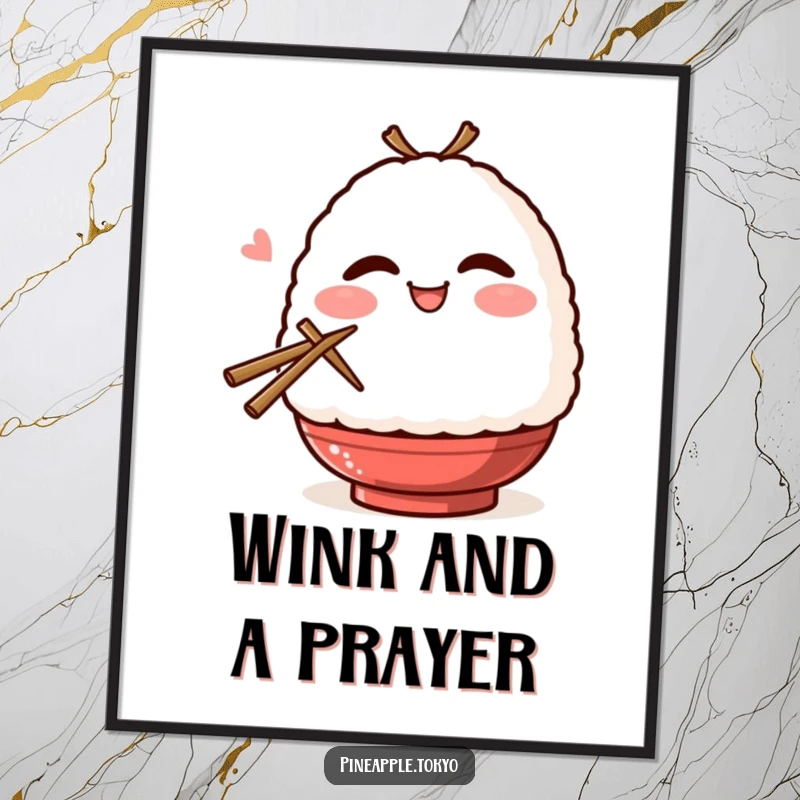 Funny onigiri character with blush, winking, and holding chopsticks on a whimsical and humorous wall poster.