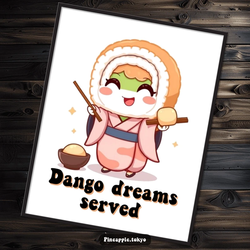Funny Japanese art poster of a smiling sushi roll in a kimono elegantly serving dango, bringing whimsical charm to any room.