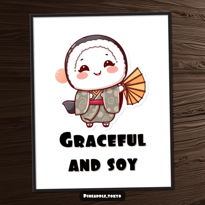 Funny sushi roll in a patterned kimono bowing gracefully, holding a fan, as wall art.