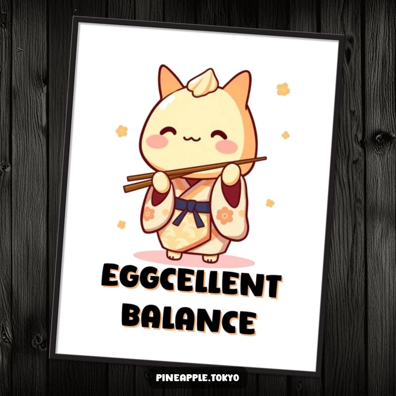 Funny Tamagoyaki Kimono Poster: a cute Japanese rolled omelet character in a kimono playfully balancing chopsticks, depicted as wall art.