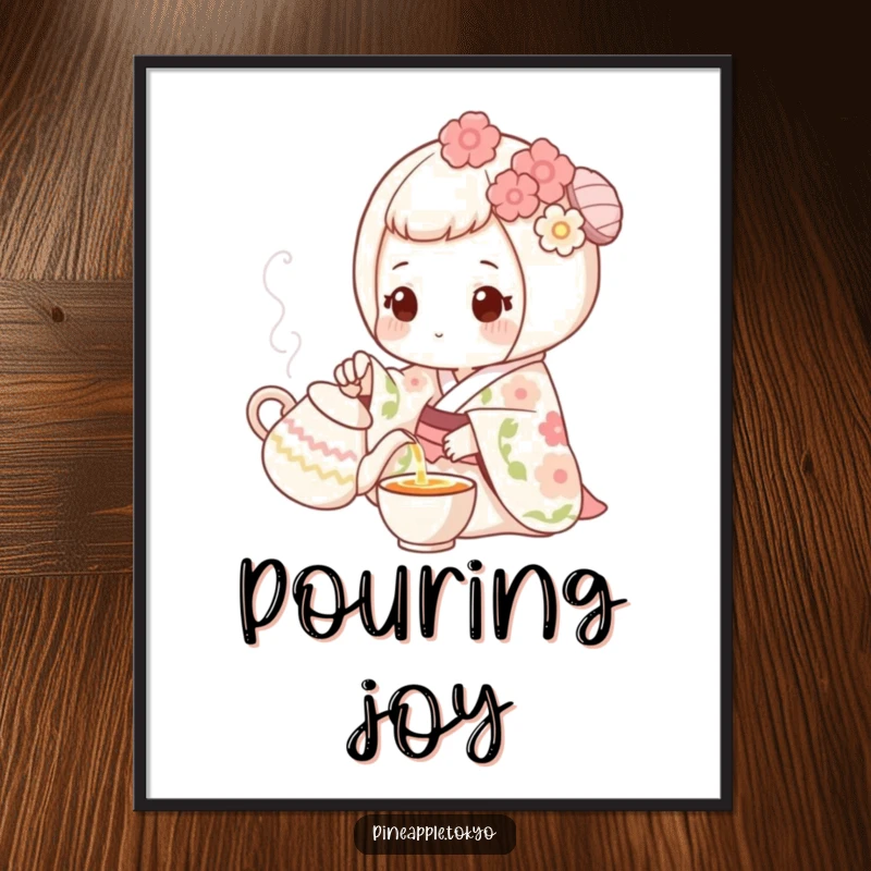 Funny sweet mochi in a floral kimono delicately pouring tea, a calming funny poster.