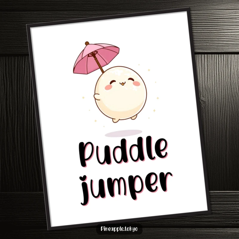 Funny adorable mochi ball bouncing playfully with a tiny umbrella on a whimsical and humorous wall poster.