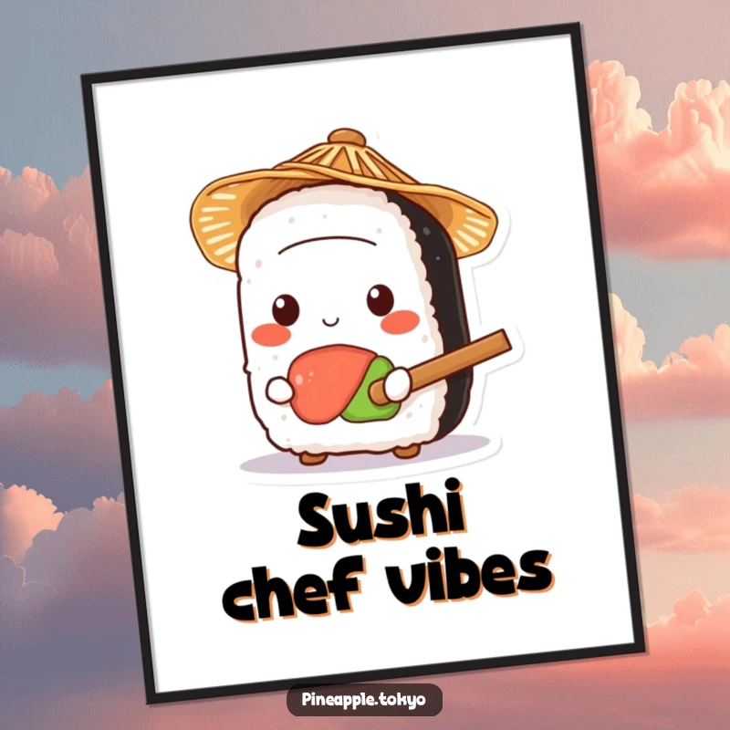 Funny sushi character in a small straw hat, holding a tiny rice paddle, on a whimsical and humorous wall poster.