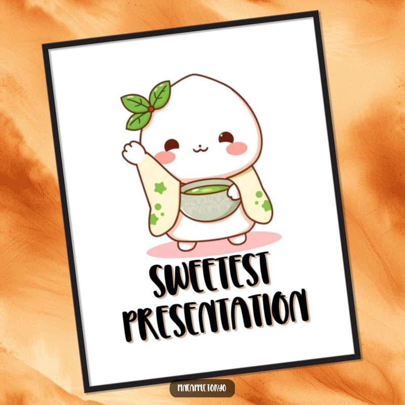 Funny Mochi Matcha Poster: a cute mochi character in a kimono sleeve waving hello while presenting a matcha bowl, framed art.