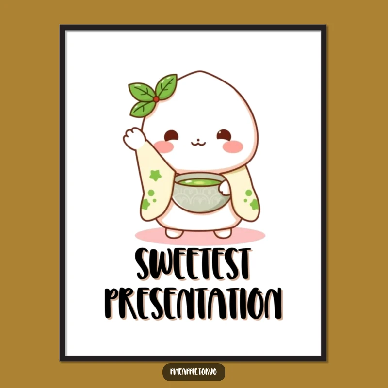 Funny Mochi Matcha Poster: Waving Kimono Character, Charming Wall Art Gift