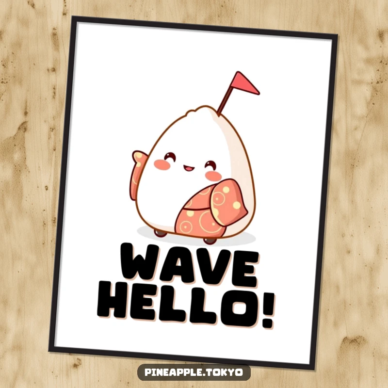 Funny bouncy onigiri in a festive kimono waving a small flag, a vibrant funny poster.