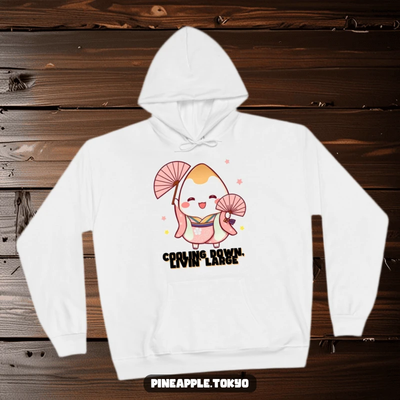 Funny hoodie featuring a cheerful onigiri in a festive kimono, joyfully holding a fan, perfect for cozy Japanese snack enthusiasts.