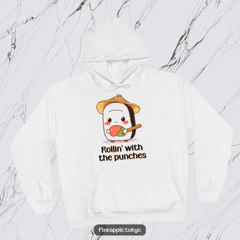 Funny adorable sushi in a mini straw hat, holding a tiny rice paddle, featured on a warm and humorous hoodie.