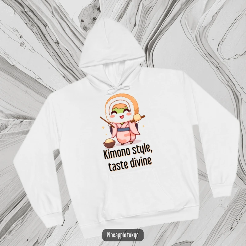 Funny hoodie featuring a smiling sushi roll in a traditional kimono, gracefully offering dango, perfect for cozy Japanese food enthusiasts.