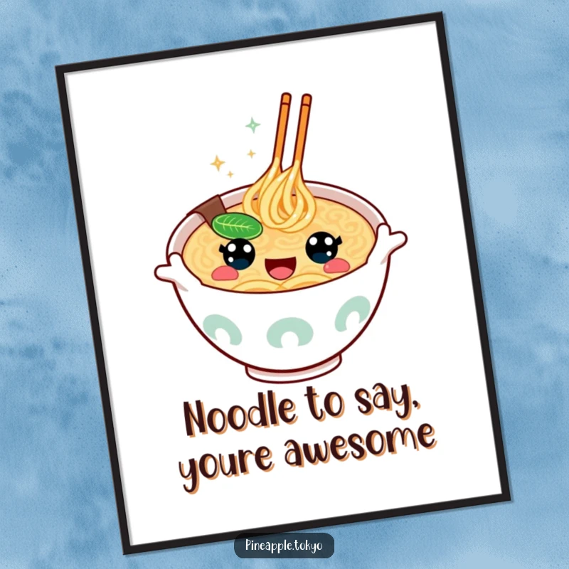 Funny Free Printable Ramen Wall Art: A kawaii ramen bowl with big happy eyes gestures wildly, radiating pure joy.