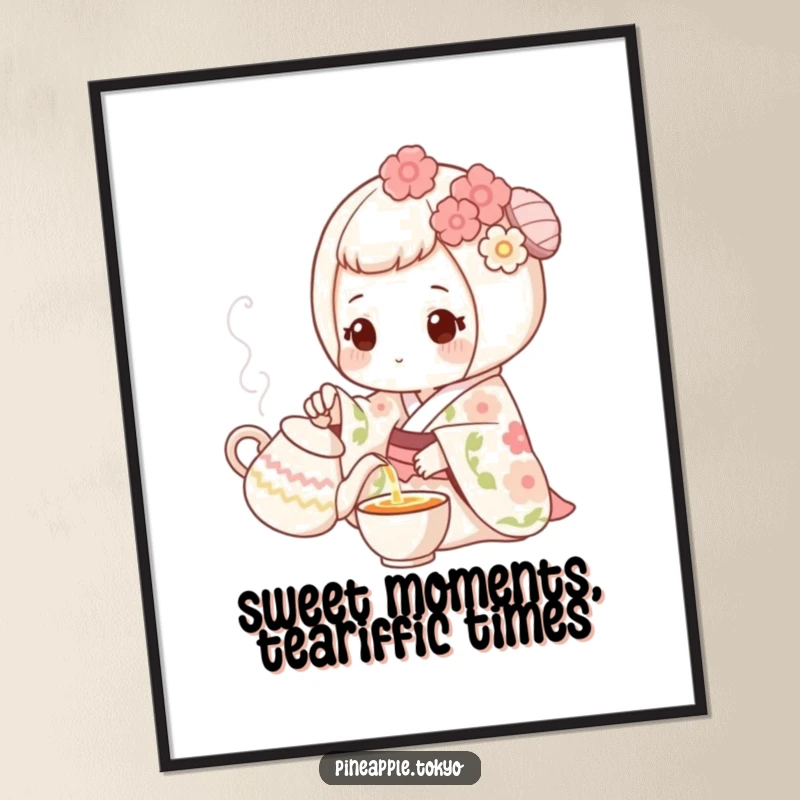 Funny Free Printable Wall Art: Sweet mochi in a floral kimono delicately pouring tea from a tiny pot, exuding peacefulness.