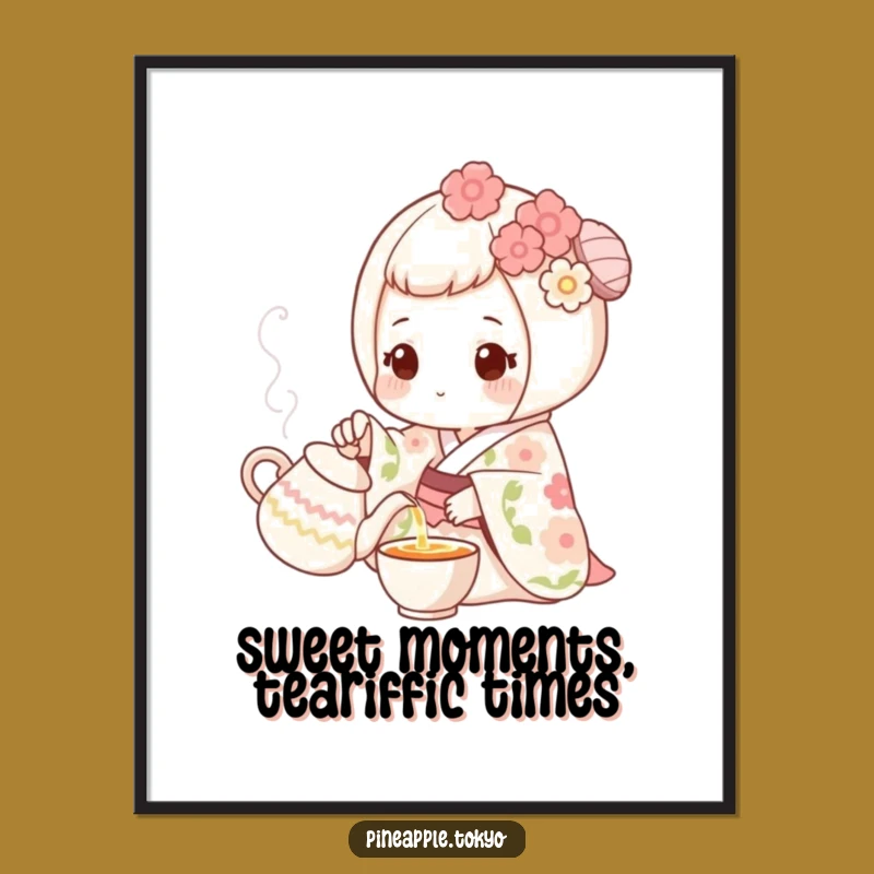 Free Printable Mochi Art: Funny Floral Kimono Tea Pouring Downloadable Wall Decor