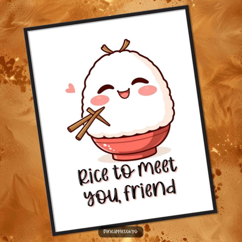 Funny Free Printable Onigiri Wall Art: A blushing onigiri with a smile winks mischievously while holding chopsticks.